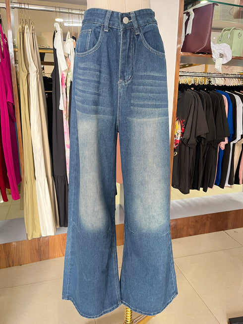 Women High Waist Wide Leg Straight Cut Jeans